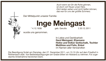 Traueranzeige von Inge Meingast von Pegnitz-Zeitung